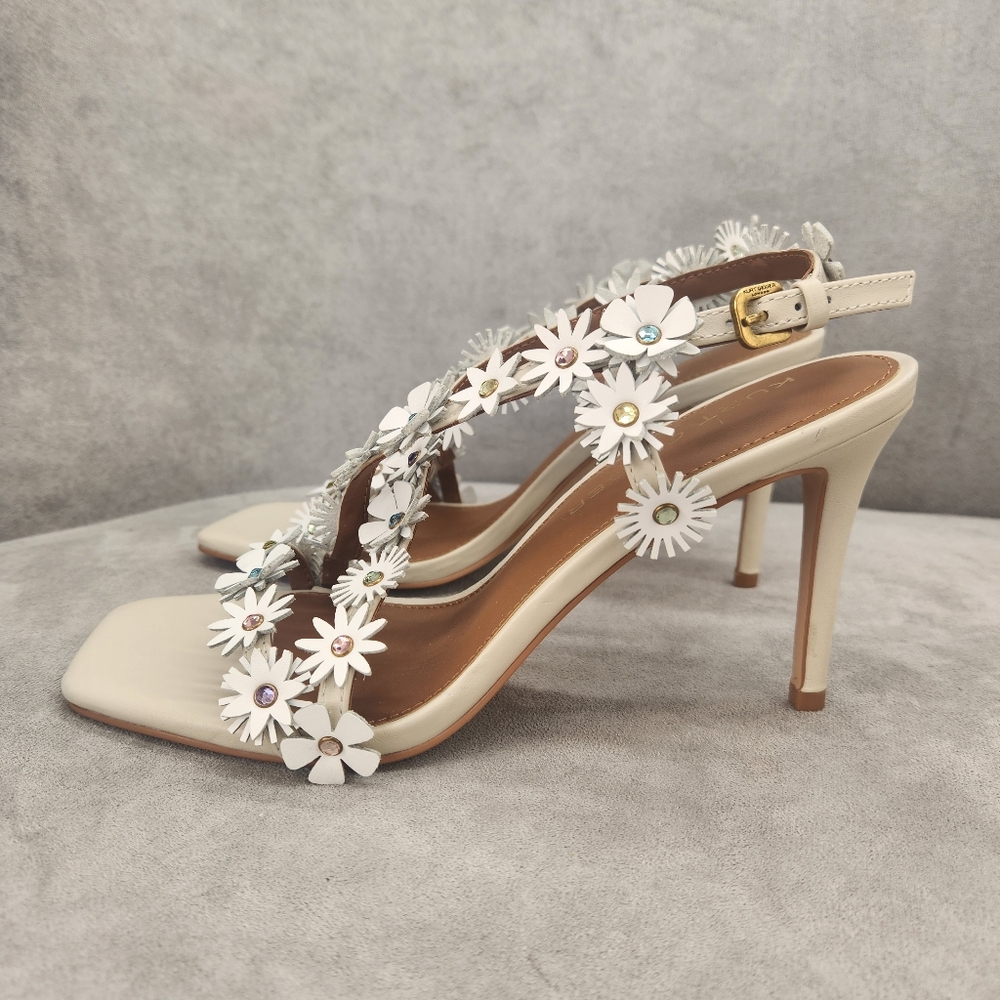 Kurt Geiger Heeled Sandals 9.5 White Leather Flower 3D Rhinestone Bridal New$240 - Picture 6 of 16
